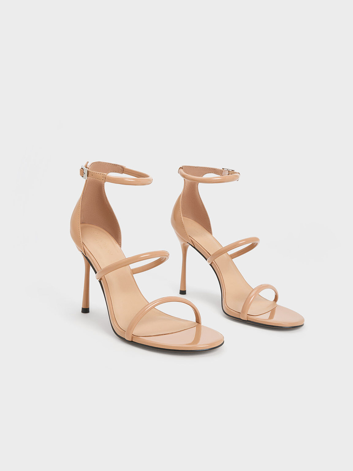 Nude Patent Leather Triple Strap Heeled Sandals - CHARLES & KEITH US