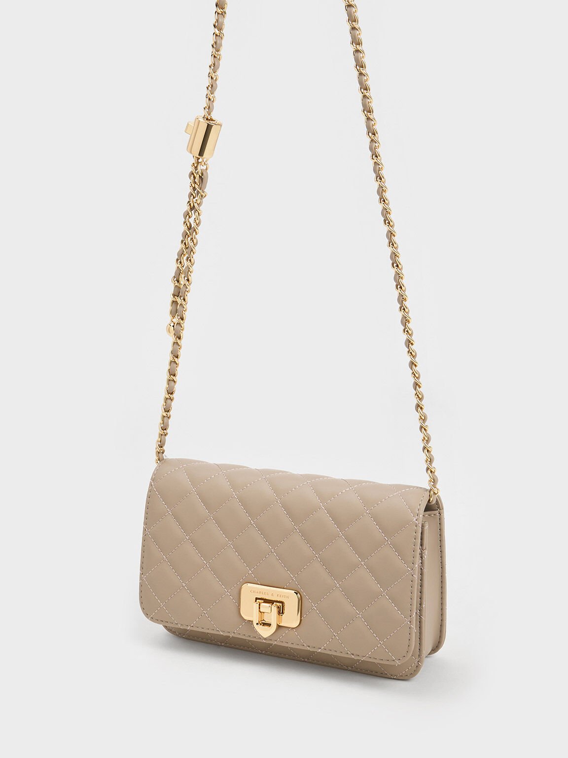 Taupe Cressida Quilted Push-Lock Clutch - CHARLES & KEITH MY