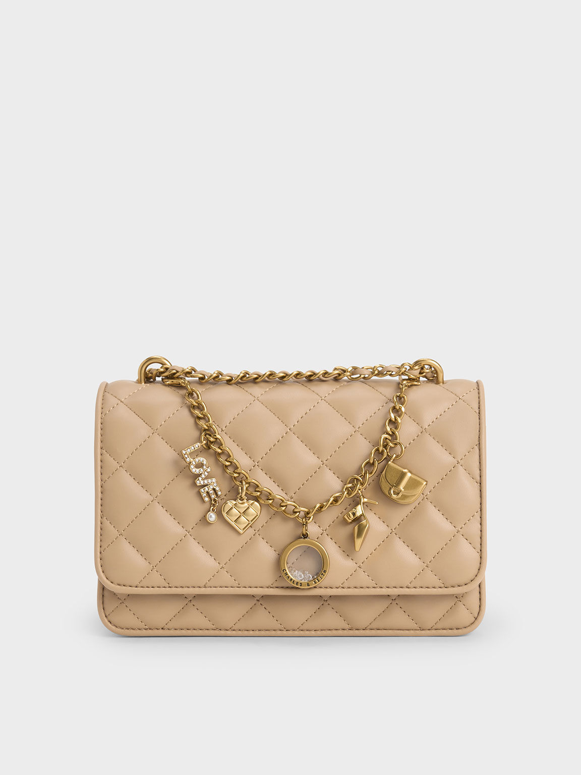 Charm-Embellished Quilted Clutch, Nude, hi-res