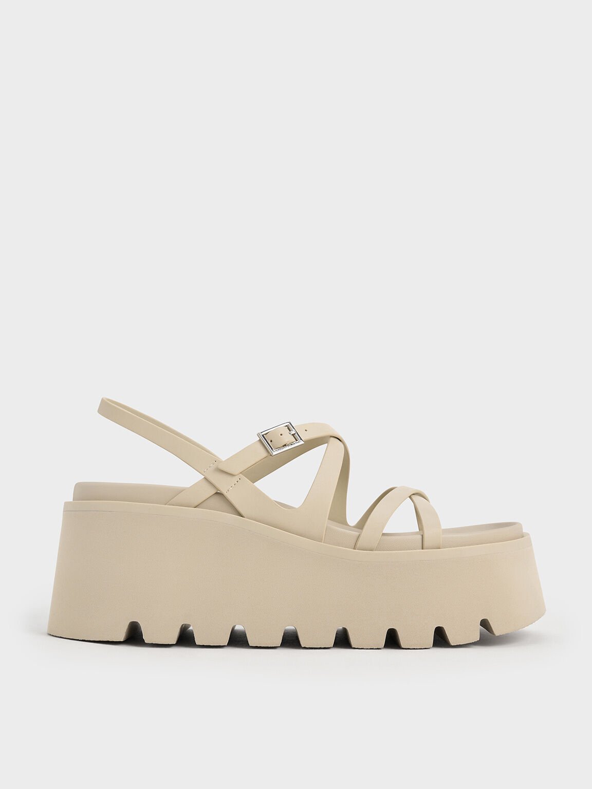 Strappy Crossover Flatform Sandals, Beige, hi-res