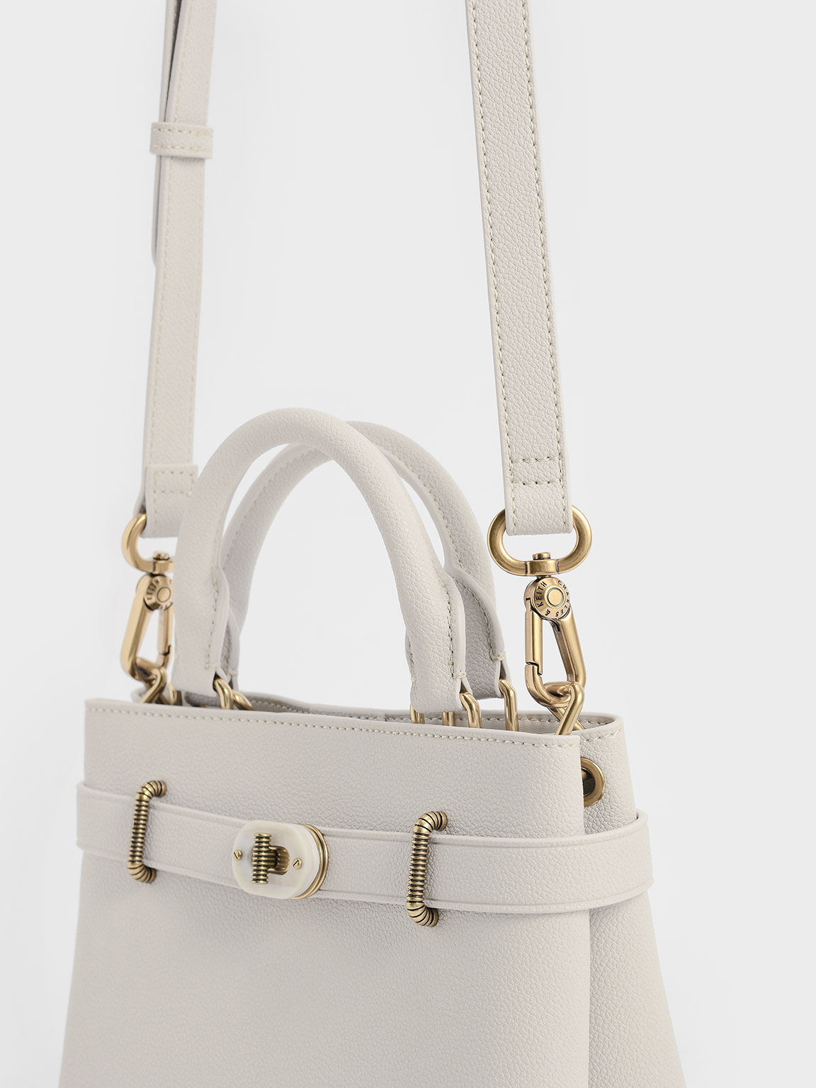 Light Grey Double Handle Turn-Lock Structured Bag - CHARLES & KEITH KR