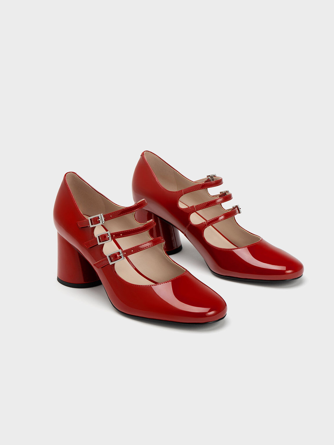 Mary Janes de Tacón Cilíndrico con Hebilla, Rojo, hi-res