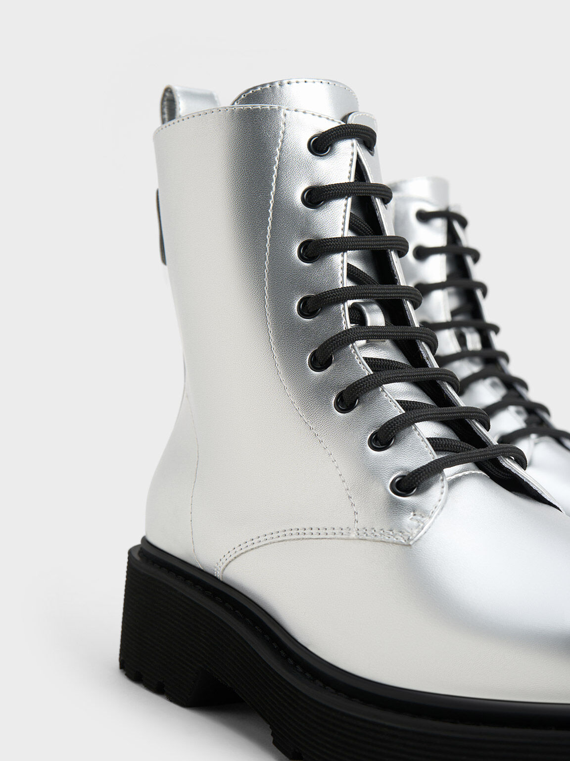 Metallic Lace-Up Ankle Boots - Silver