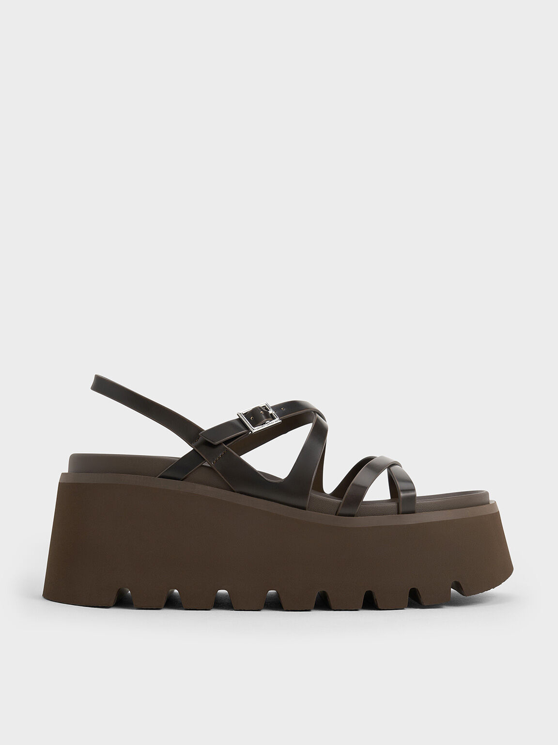 Strappy Crossover Flatform Sandals, Dark Brown, hi-res