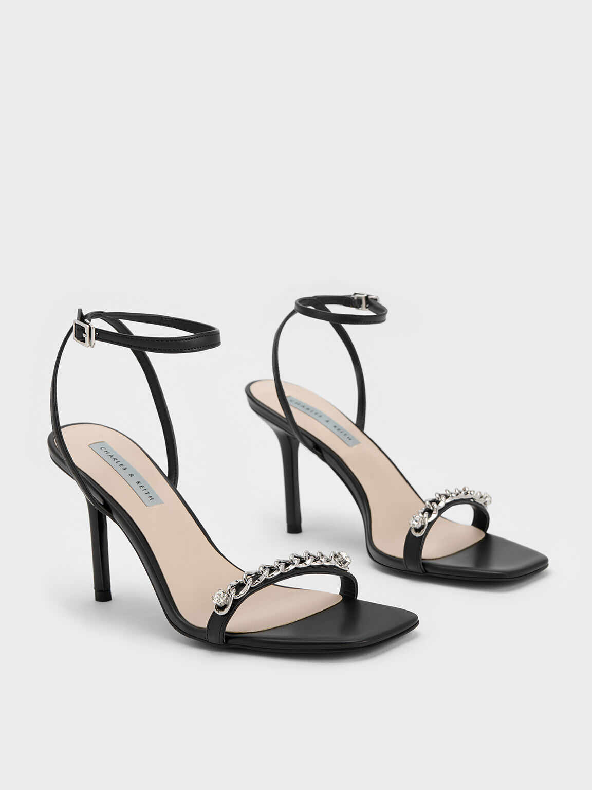 Black Chain-Embellished Ankle Strap Sandals - CHARLES & KEITH SG