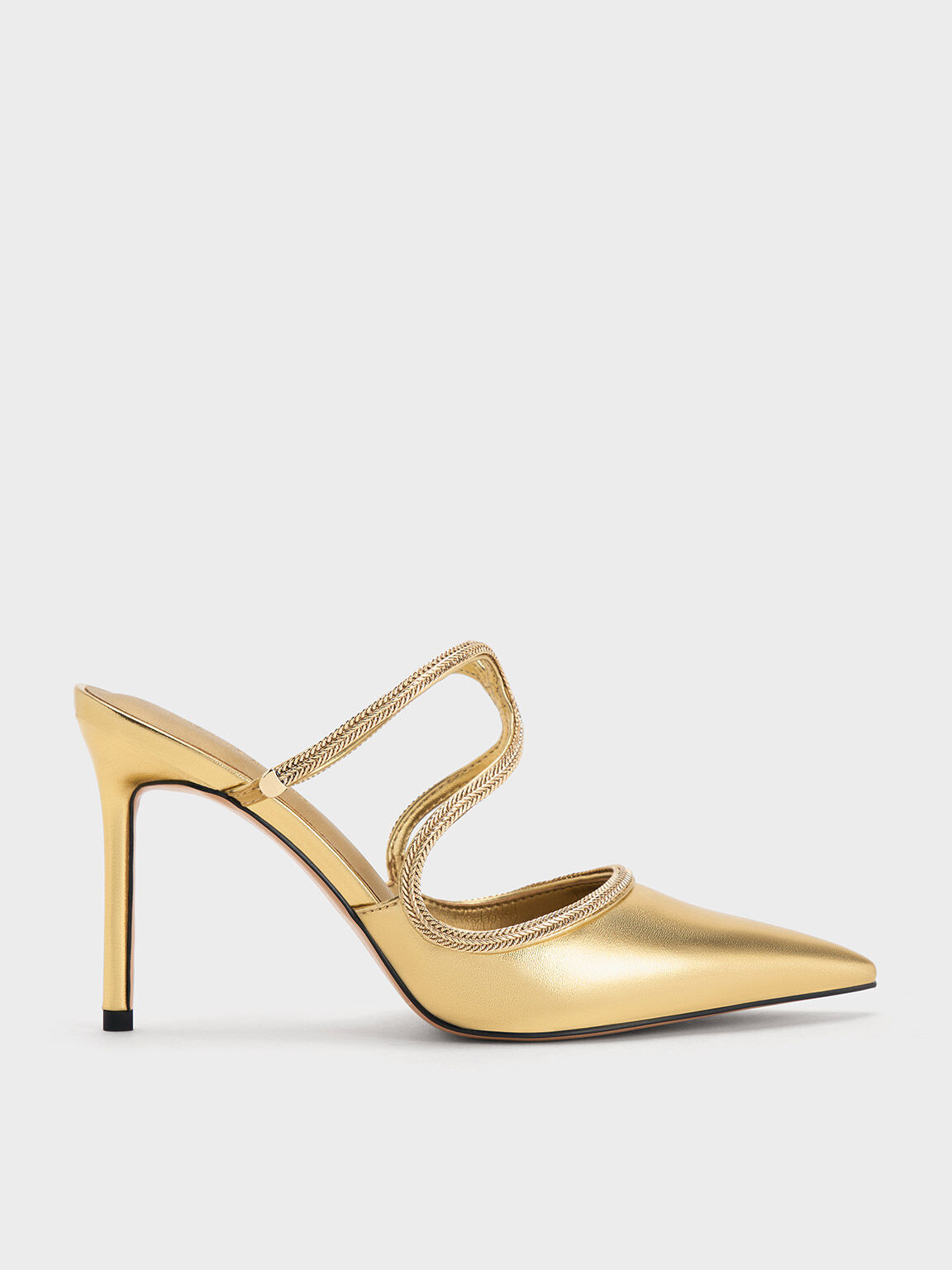 Metallic Braided-Strap Stiletto-Heel Mules, Gold, hi-res