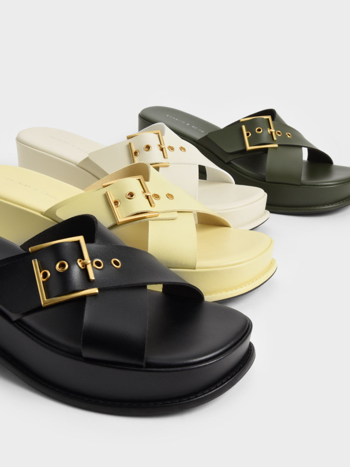 Buckled Crossover Platform Sandals, Yellow, hi-res