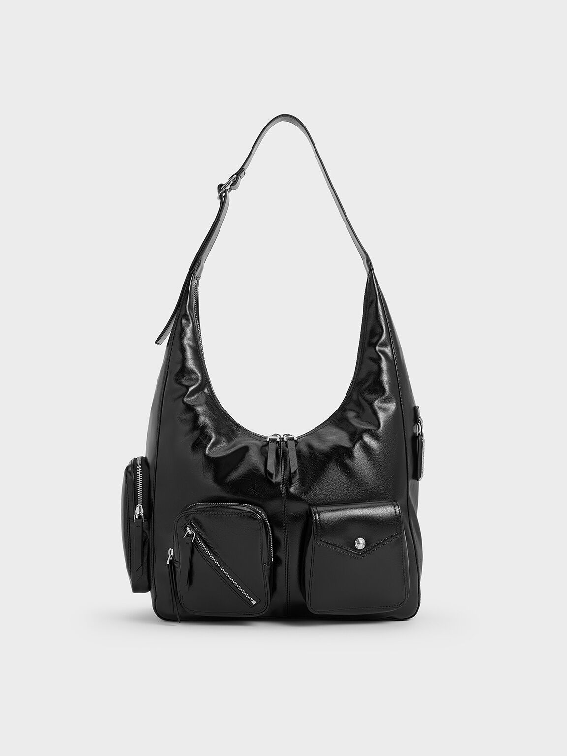 Thora Crinkle-Effect Multi-Pocket Hobo Bag, Noir, hi-res