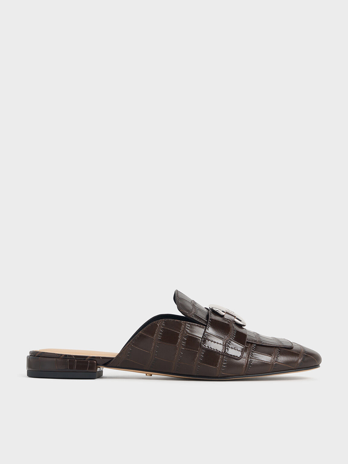 Croc-Effect Leather Metallic-Accent Loafer Mules, Dark Brown, hi-res