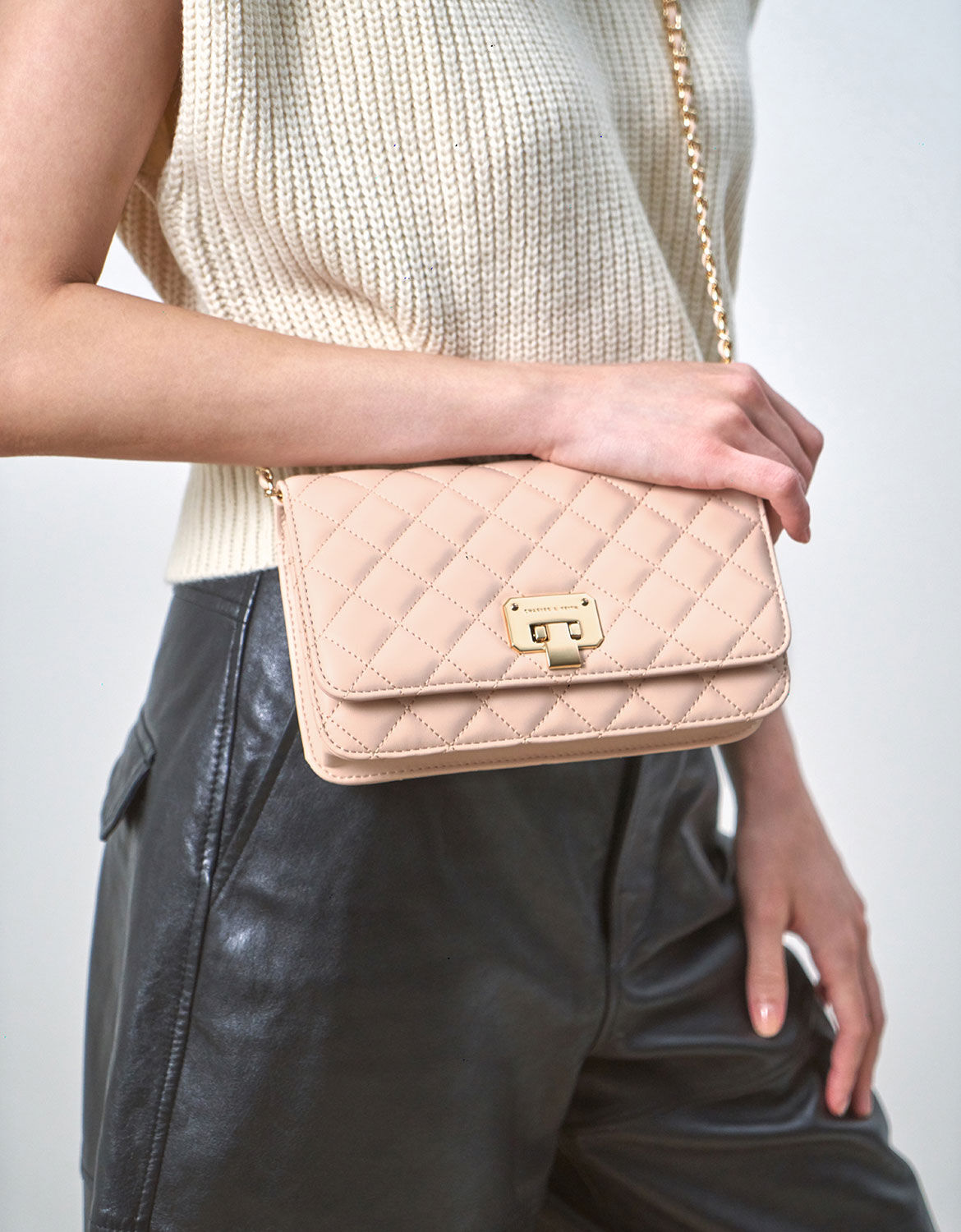 Quilted Flip-Lock Clutch, Nude, hi-res