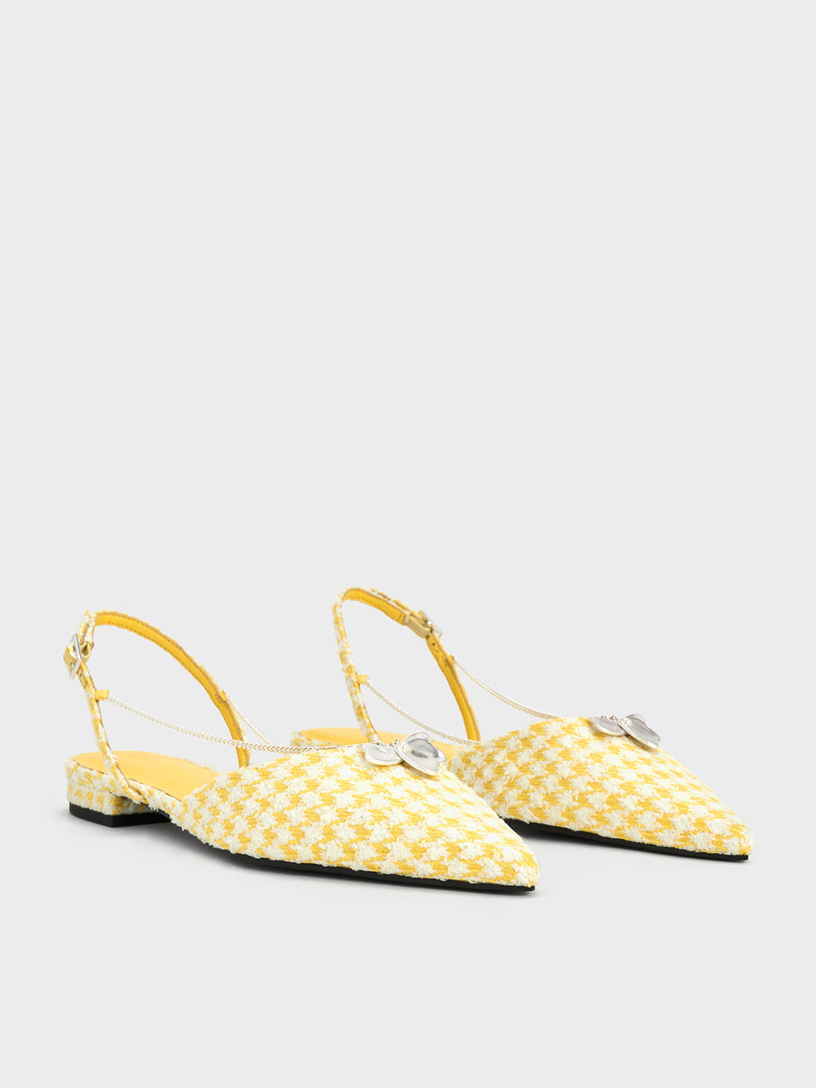 Houndstooth Flower-Accent Chain-Link Slingback Flats, Yellow, hi-res