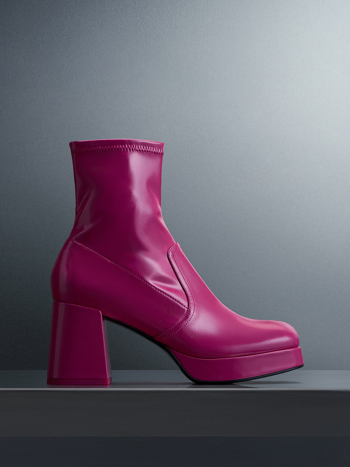Patent Crinkle-Effect Block-Heel Boots - Fuchsia