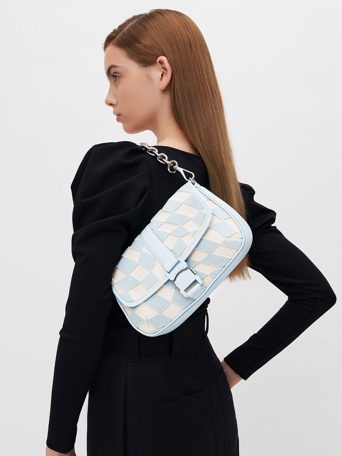 Light Blue Zetta Checkered Canvas Crossbody Bag - CHARLES & KEITH 