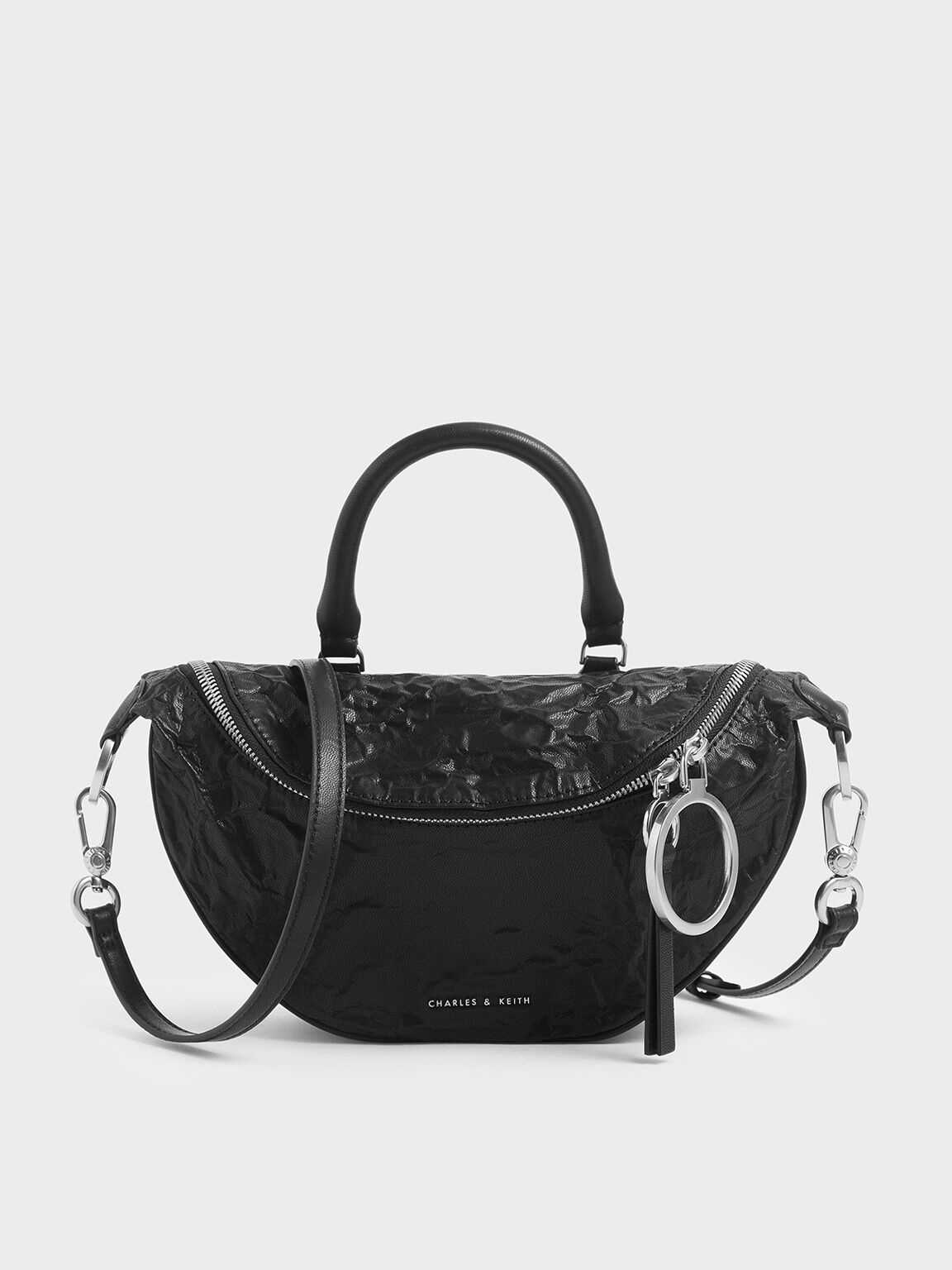 Wrinkled Effect Semi-Circle Crossbody Bag, Black, hi-res