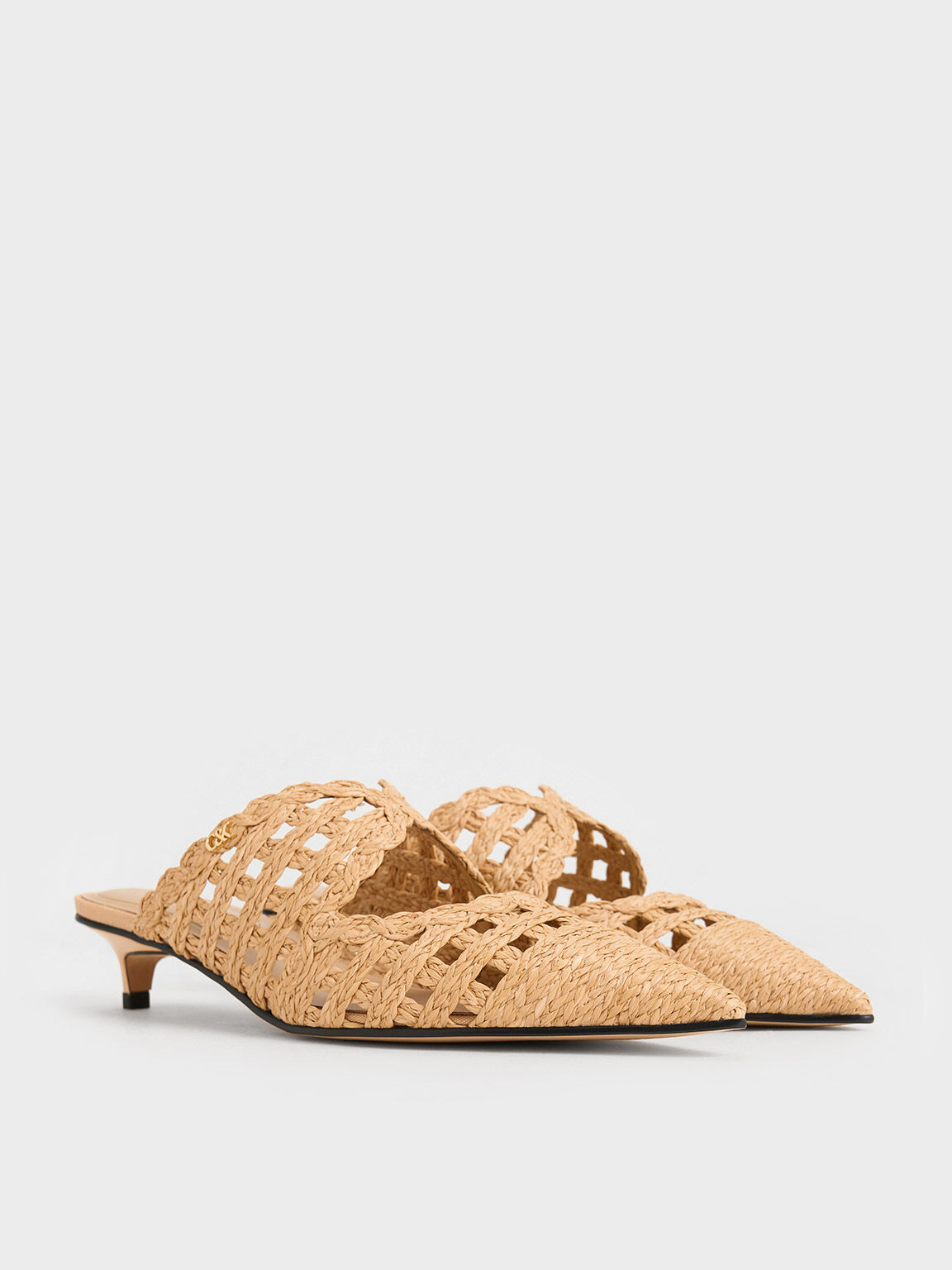 Raffia Kitten-Heel Pointed-Toe Mules, Sand, hi-res