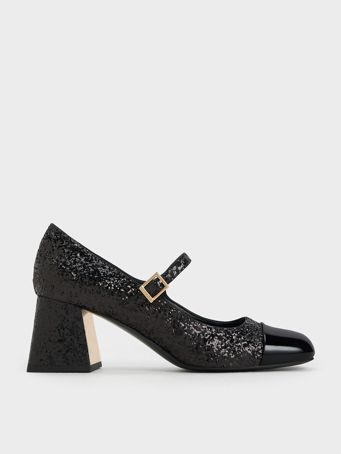 方頭金蔥粗跟瑪莉珍鞋(黑色特別款) | 鞋款- CHARLES & KEITH HK