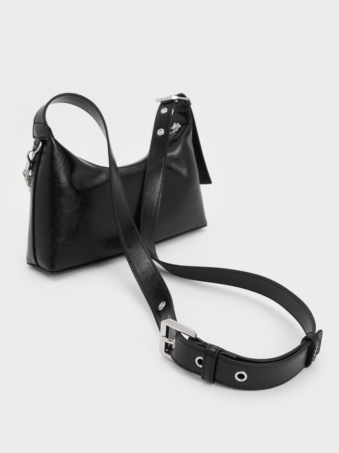 Atwood Crinkle-Effect Chain-Embellished Hobo Bag, Noir, hi-res