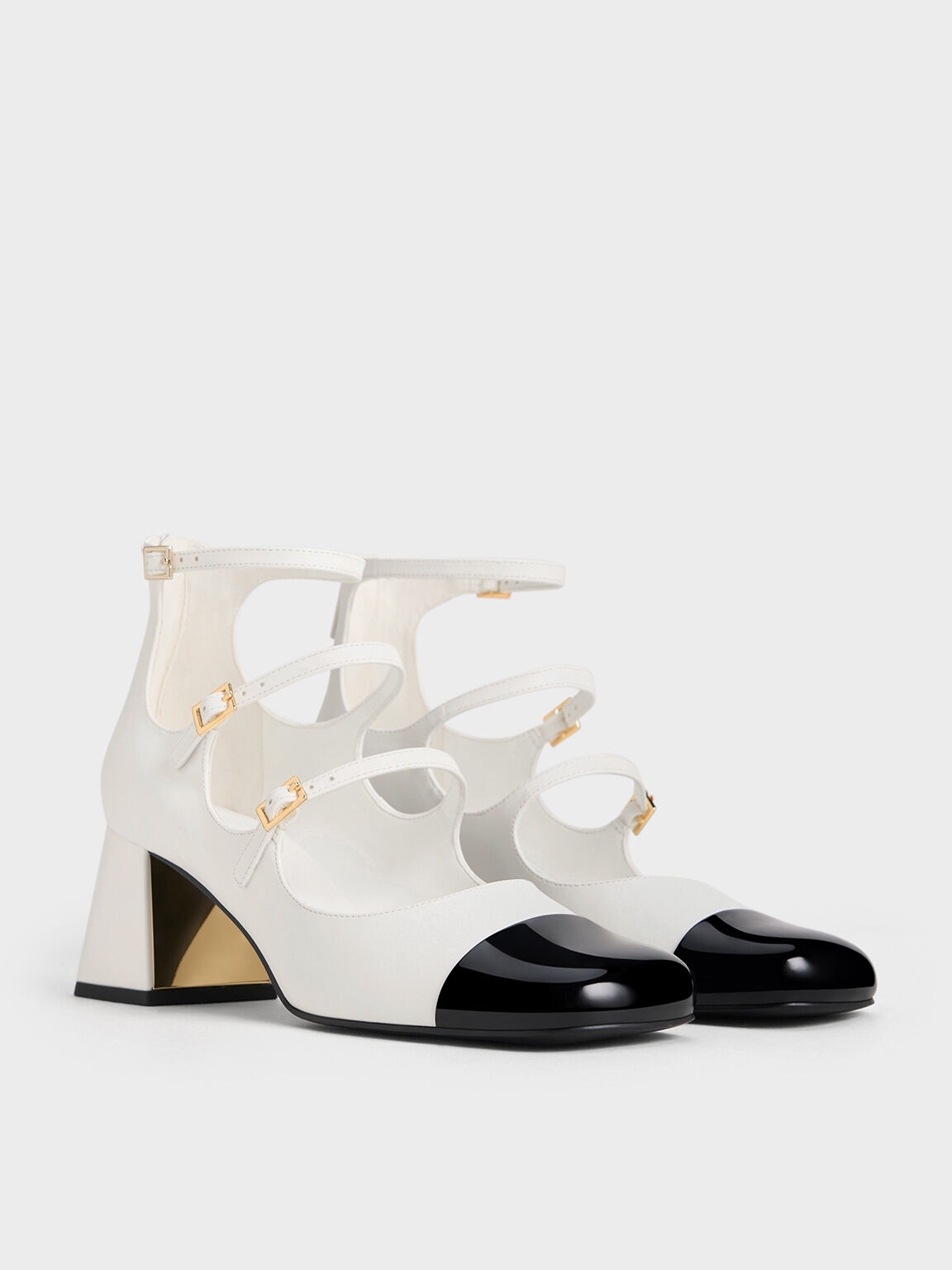 Patent Triple-Strap Cap-Toe Mary Jane Pumps, White, hi-res