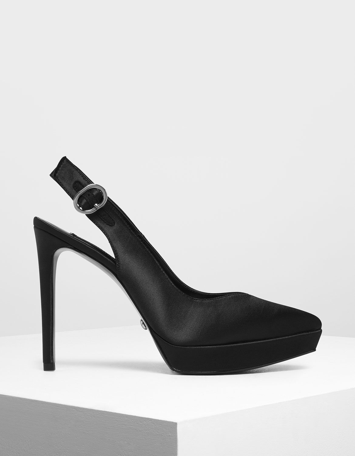 Black Satin Slingback Platform Heels 
