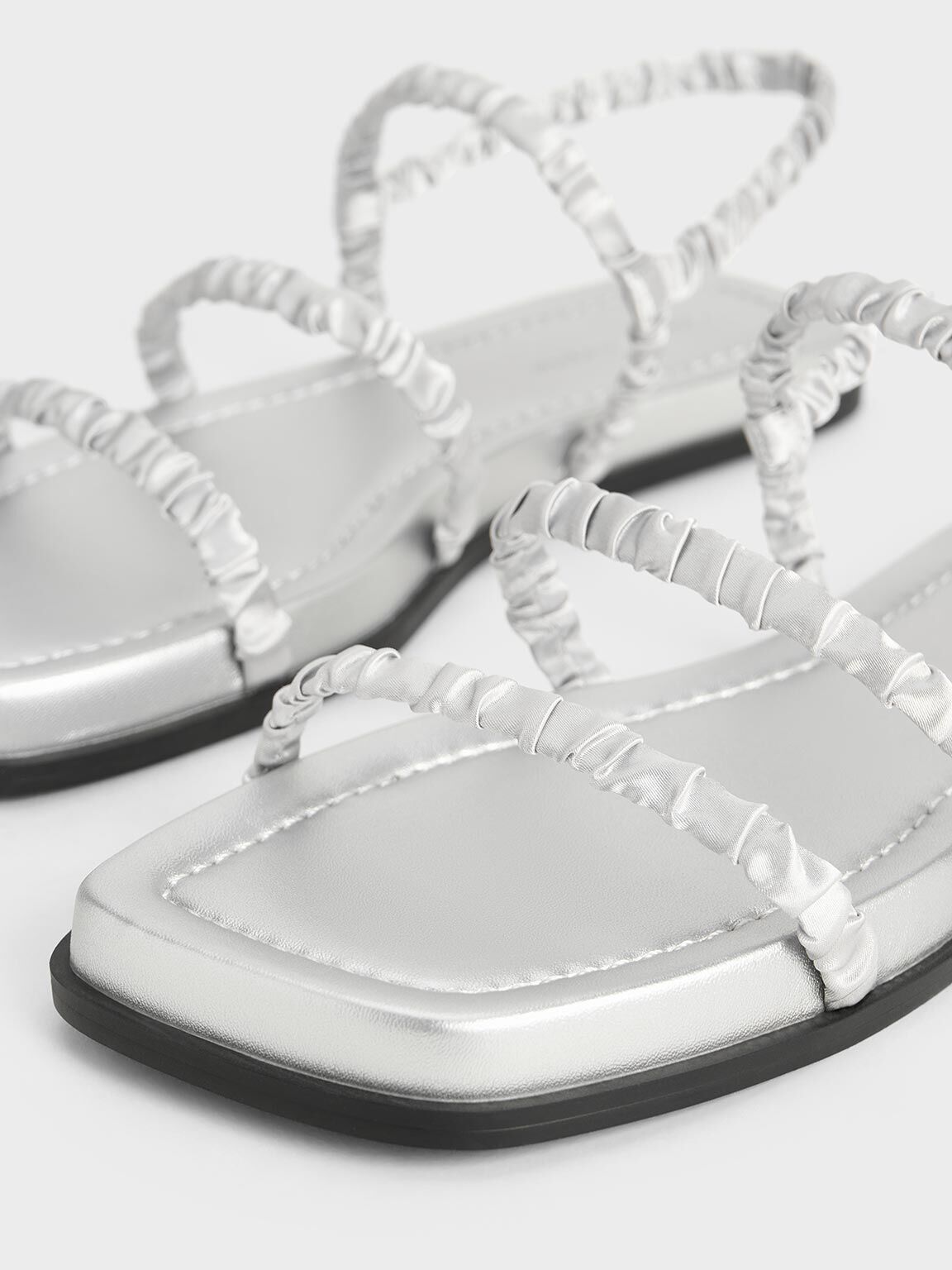 Recycled Polyester Ruched Strappy Sandals, Silver, hi-res