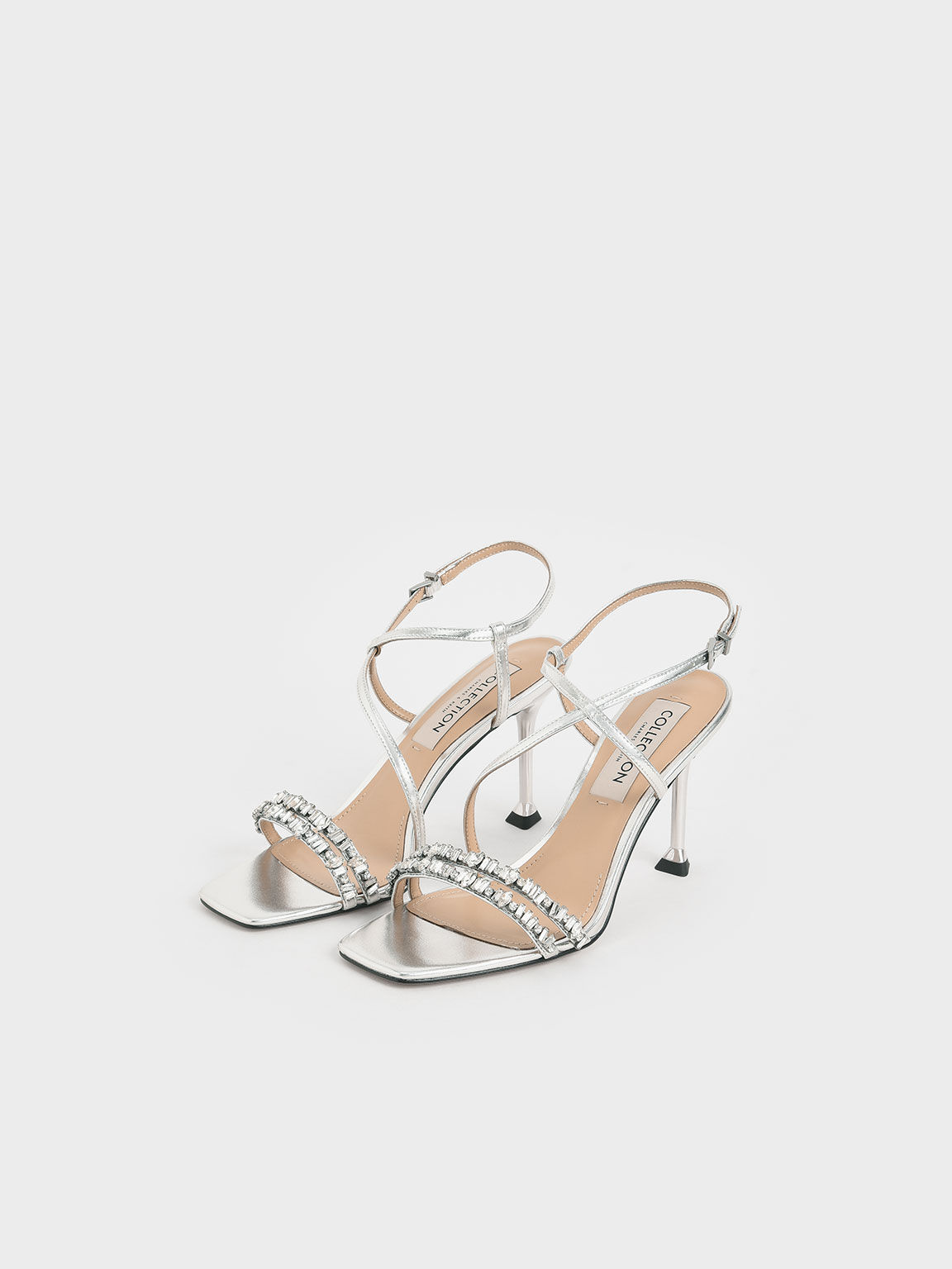 Collection: Silver Leather Gem-Embellished Asymmetric Sandals CHARLES & KEITH US
