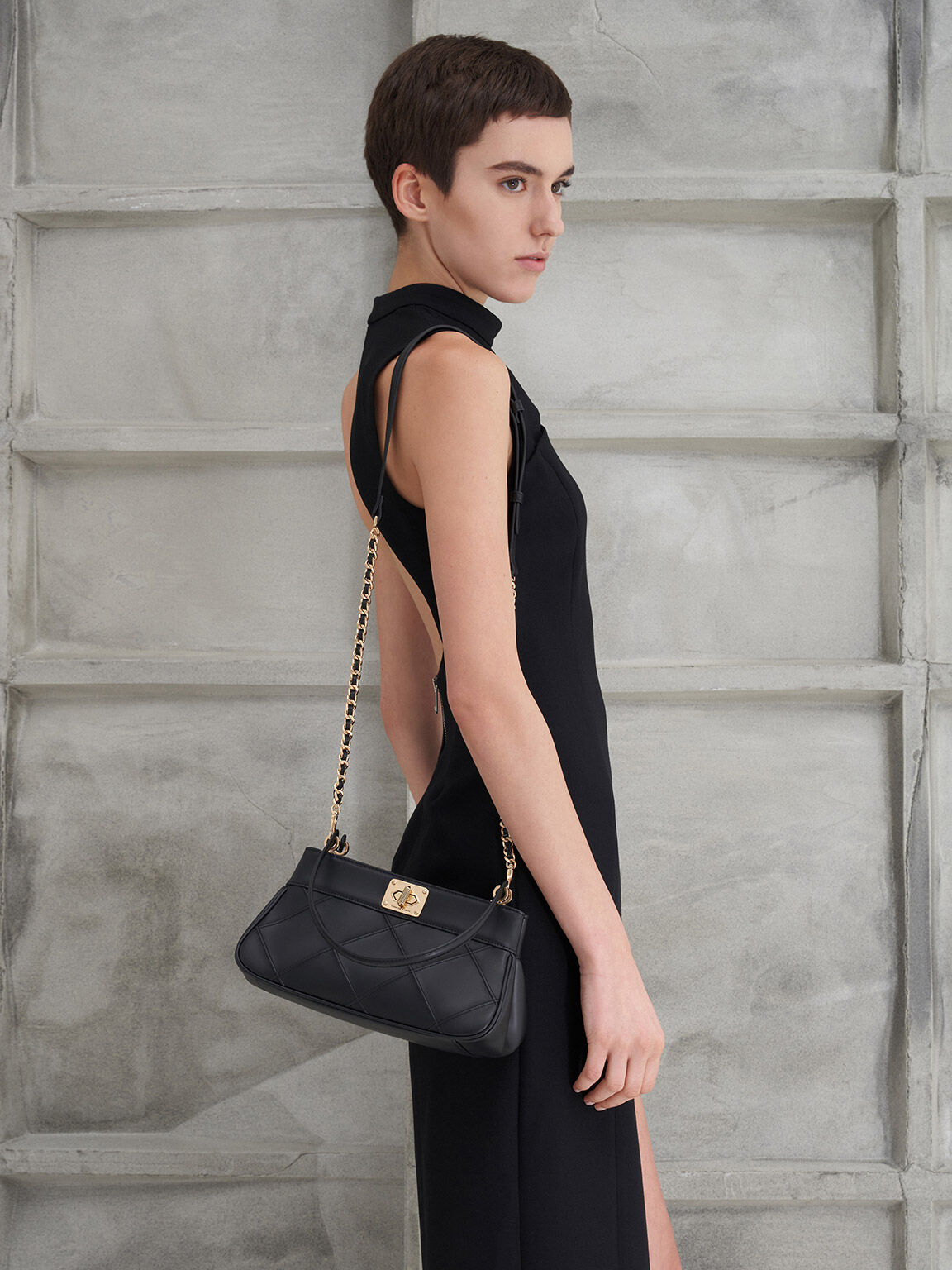 Eleni Quilted Shoulder Bag, Black, hi-res