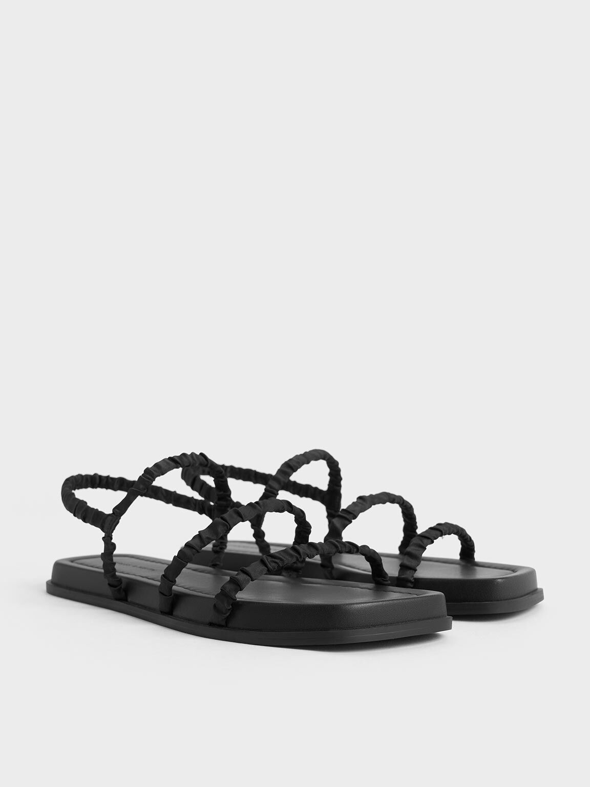 Recycled Polyester Ruched Strappy Sandals, Black Textured, hi-res