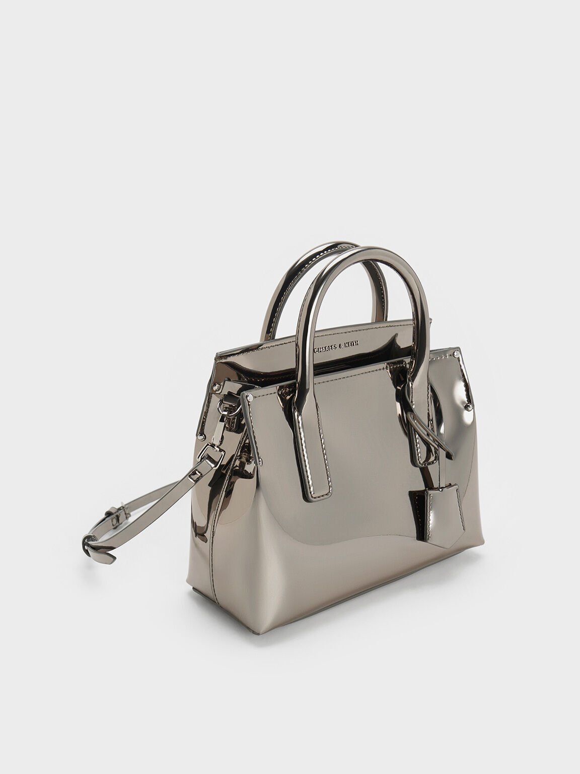 Rene Metallic Structured Top Handle Bag, Pewter, hi-res