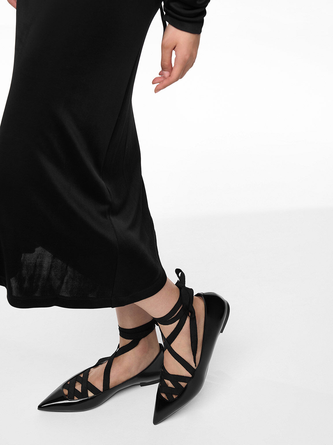 Pointed-Toe Tie-Around Ballet Flats, Black Box, hi-res