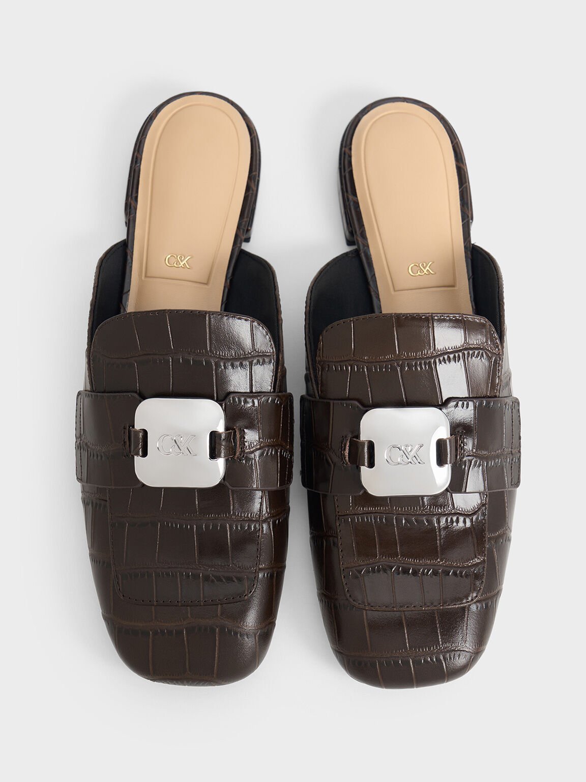 Croc-Effect Leather Metallic-Accent Loafer Mules, Dark Brown, hi-res