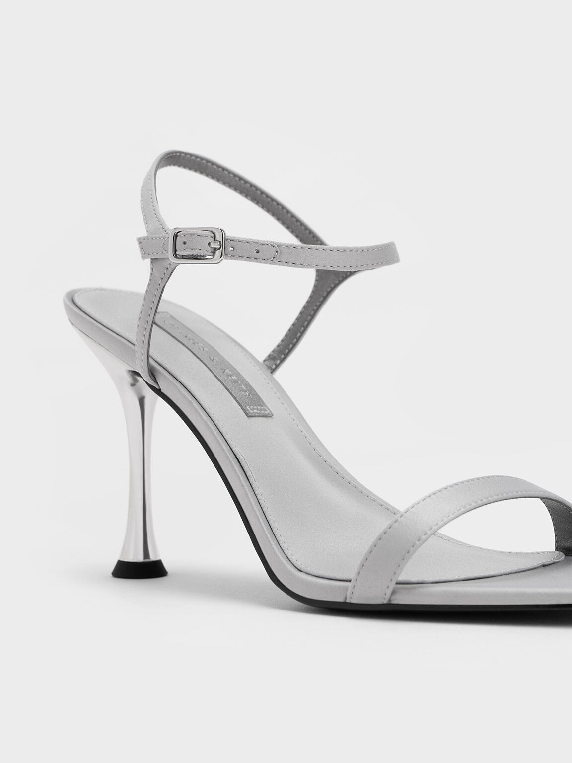 Spool Heel Satin Sandals, Grey, hi-res