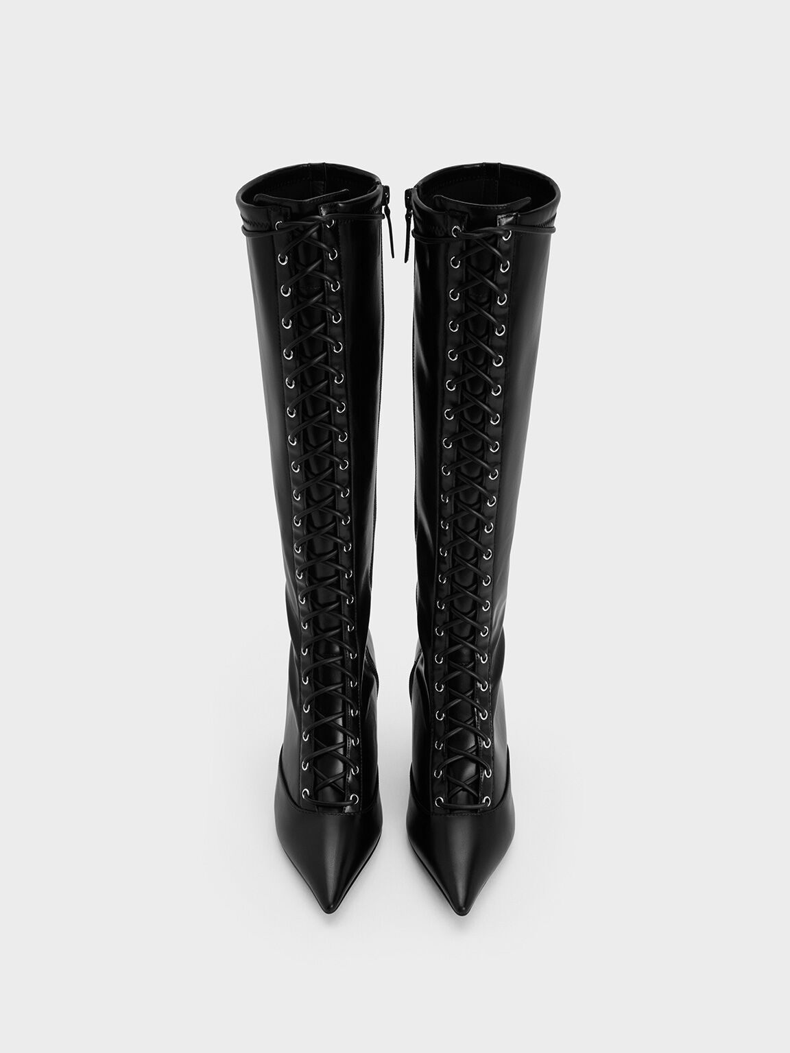 Lace-Up Pointed-Toe Knee-High Boots, Black, hi-res