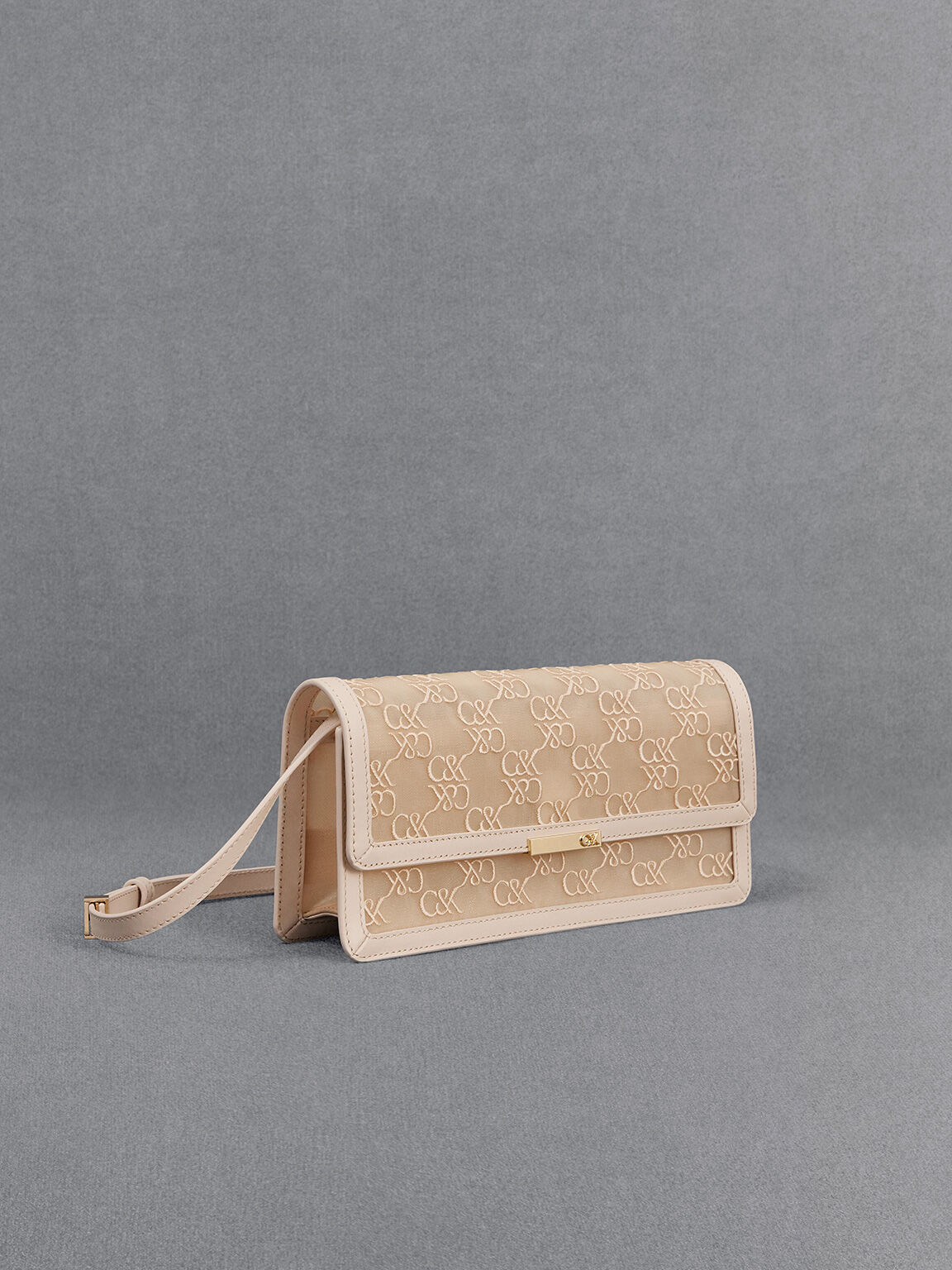 Mesh & Leather Monogram Shoulder Bag, Beige, hi-res