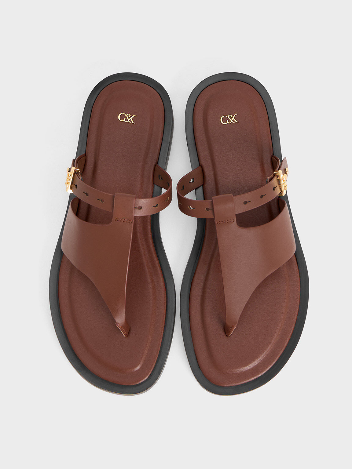 Leather Asymmetric Thong Sandals - Brown