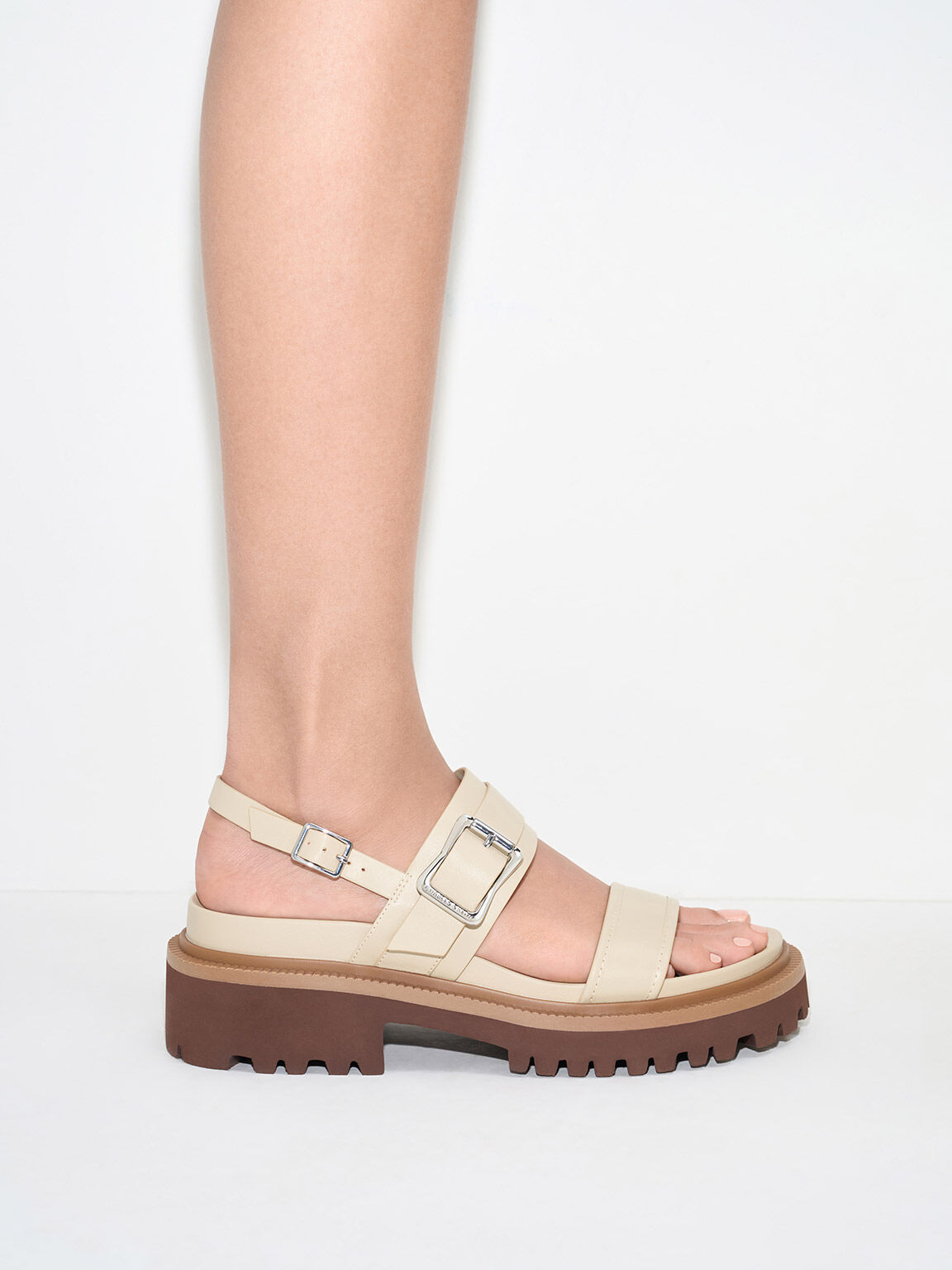 Buckled Platform Slingback Sandals, Taupe, hi-res