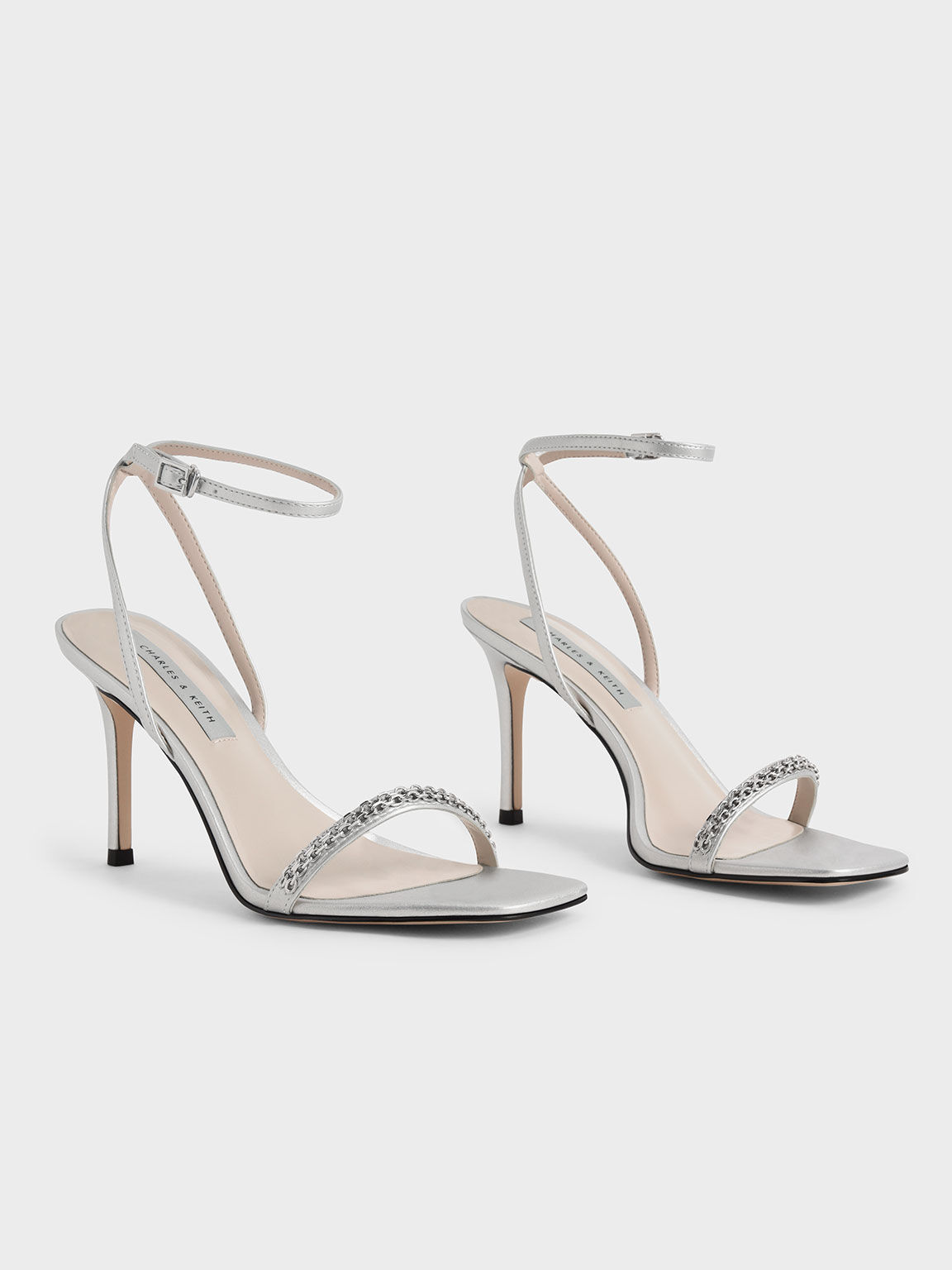 Silver Metallic Accent Ankle-Strap Stiletto Sandals - CHARLES 