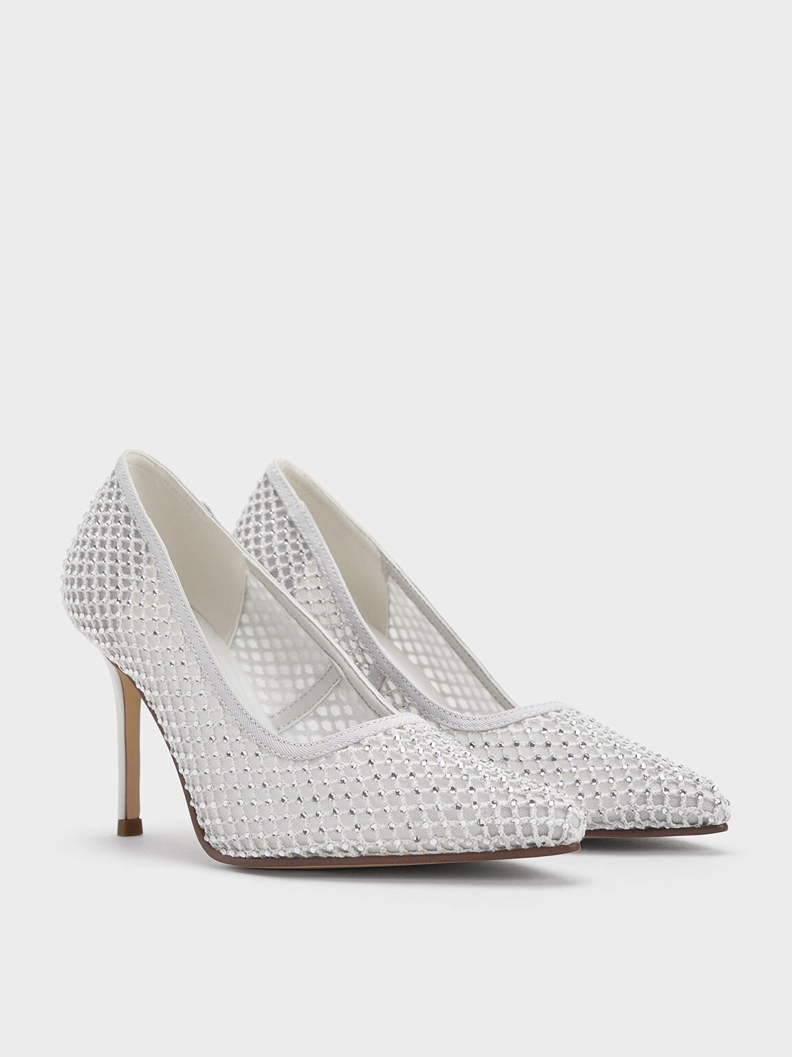 Mesh Crystal-Embellished Pointed-Toe Pumps - White