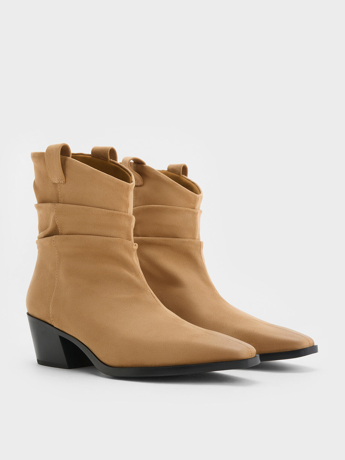 Textured Ruched Almond-Toe Cowboy Ankle Boots, Tan, hi-res