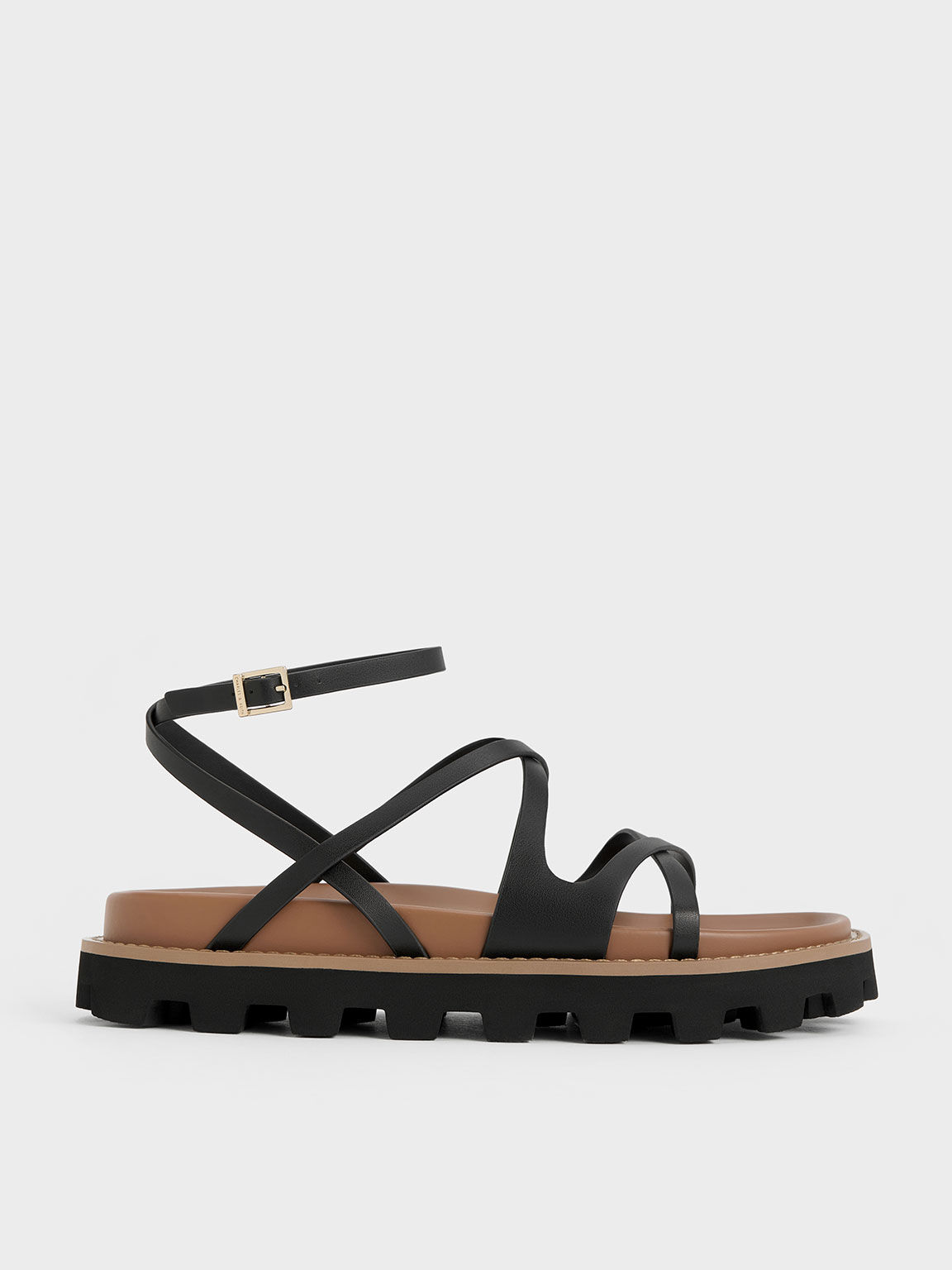 Crossover Ankle-Strap Sandals, Black, hi-res