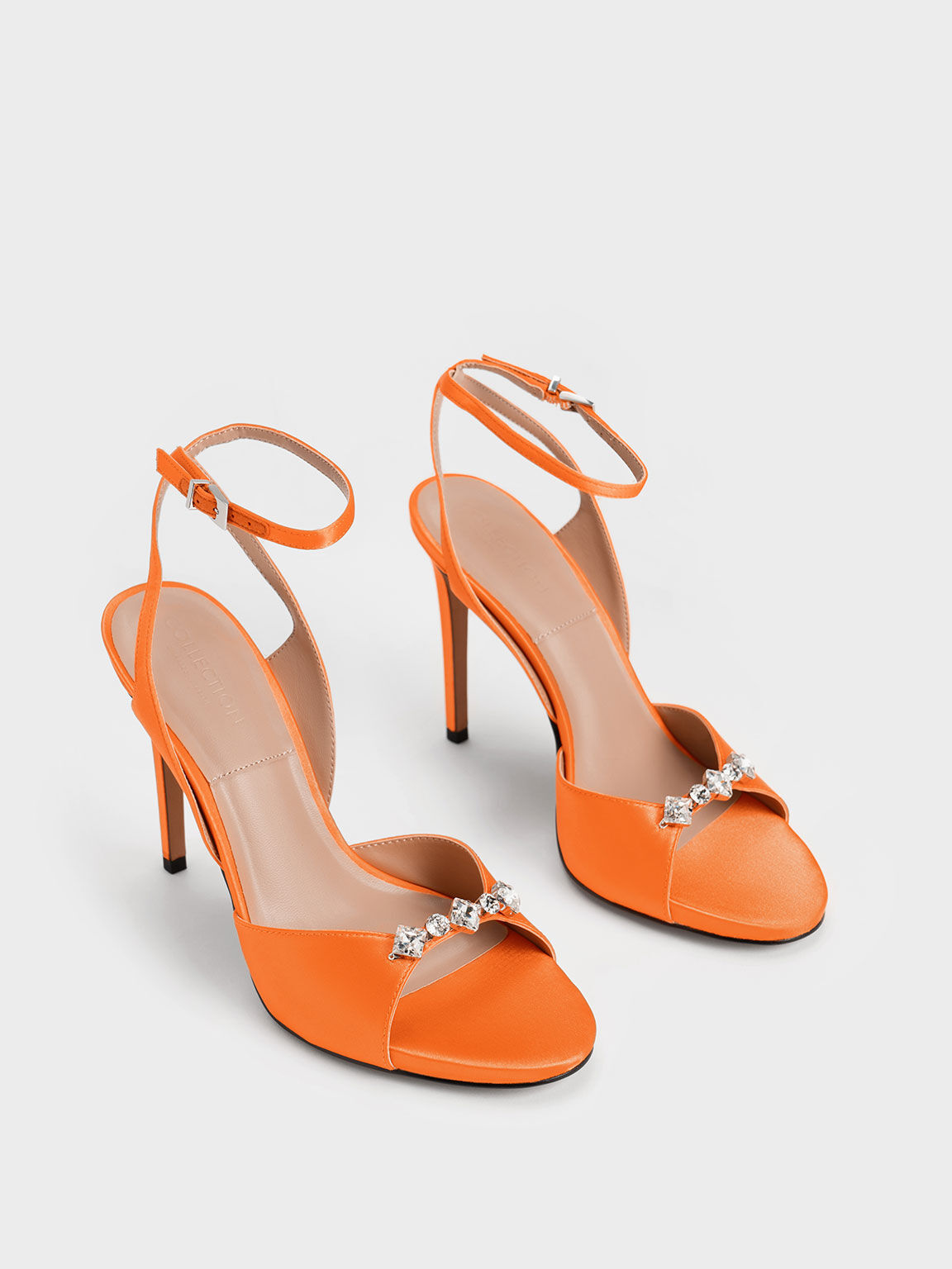 Metallic Gem-Encrusted Ankle Strap Sandals, Orange, hi-res