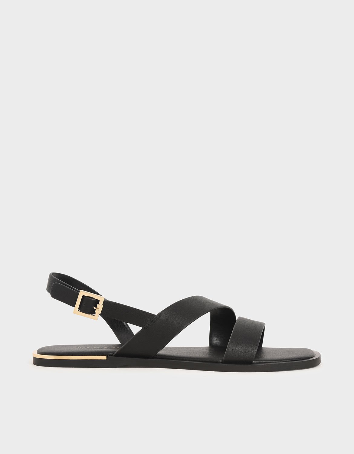 Black Asymmetric Strap Slingback Flats - CHARLES & KEITH SG