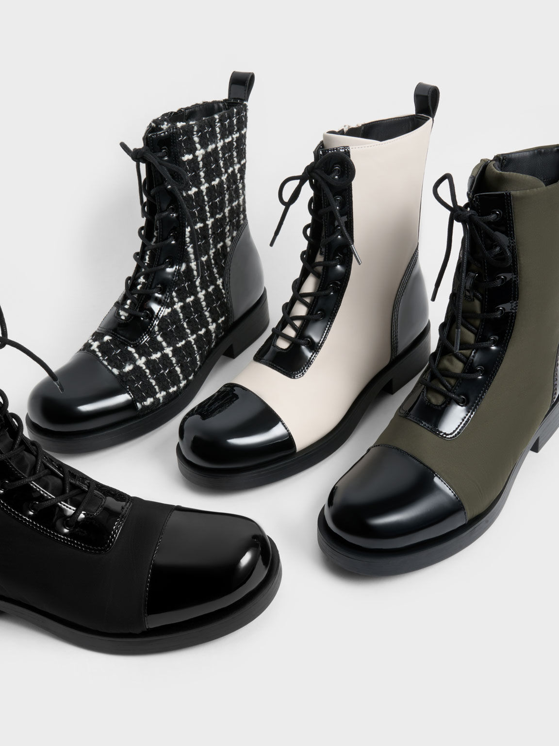 Nylon & Patent Combat Boots, Olive, hi-res