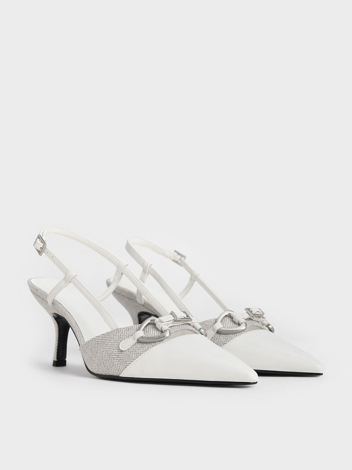 Woven Fabric Metallic-Accent Slant-Heel Slingback Pumps, Light Grey, hi-res