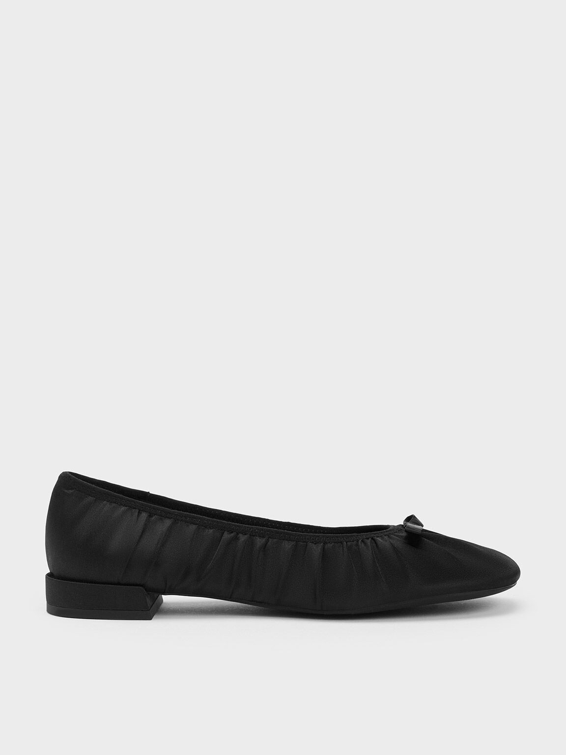 Bow Ruched Satin Ballerinas, Black Textured, hi-res