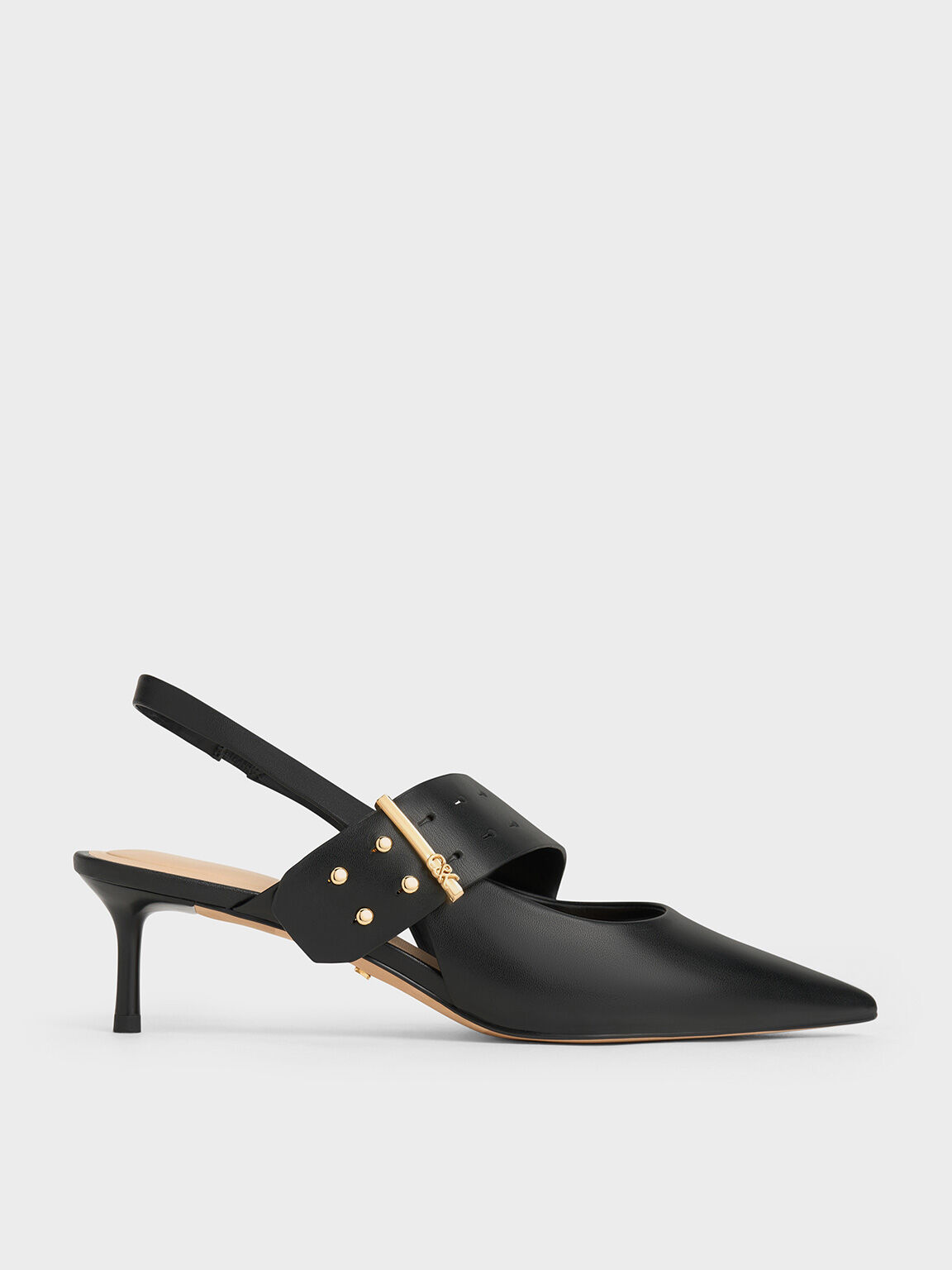 Leather Asymmetric-Strap Slingback Mary Jane Pumps, Black, hi-res