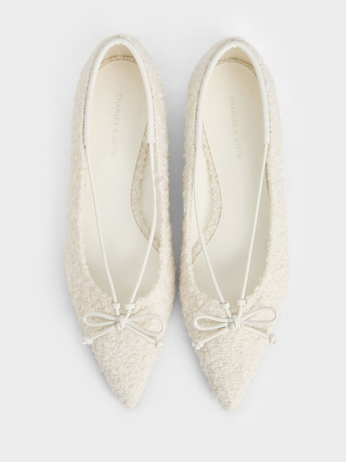 Textured Bow Pointed-Toe Ballet Flats, White, hi-res