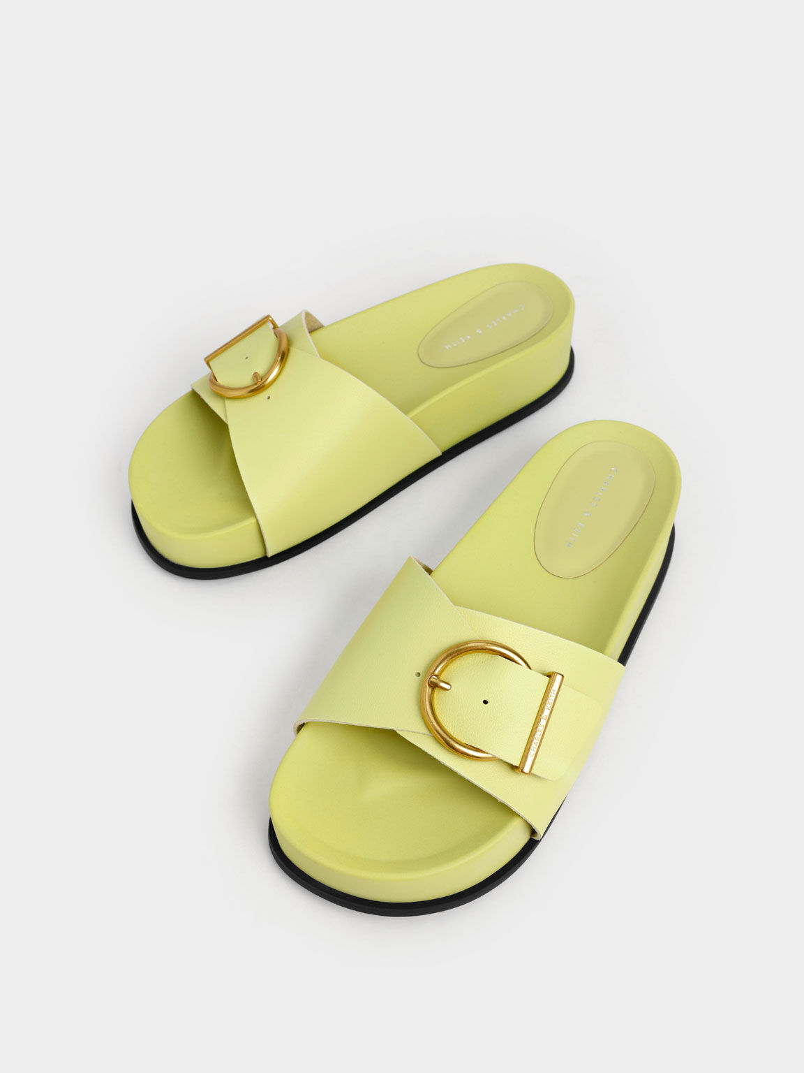 Metallic Buckle Flatform Sandals, Yellow, hi-res