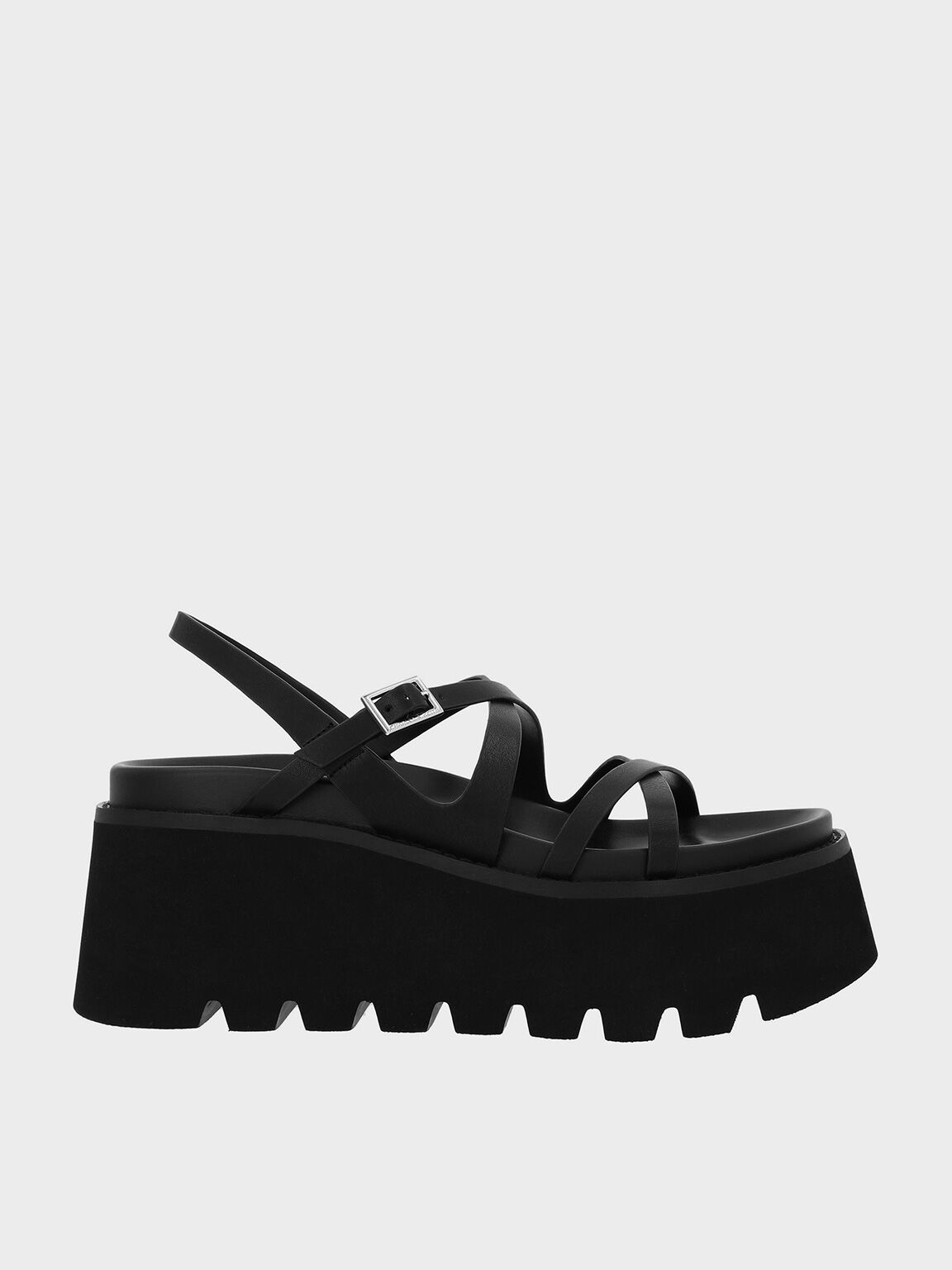 Strappy Crossover Flatform Sandals, Black, hi-res