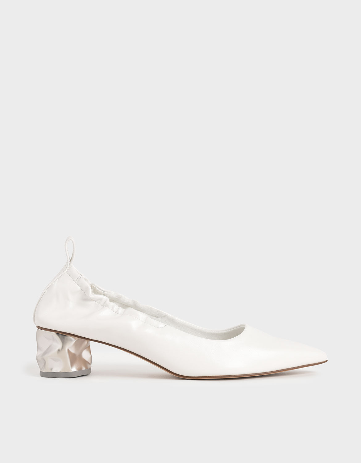 White Ruched Sculptural Heel Pumps 