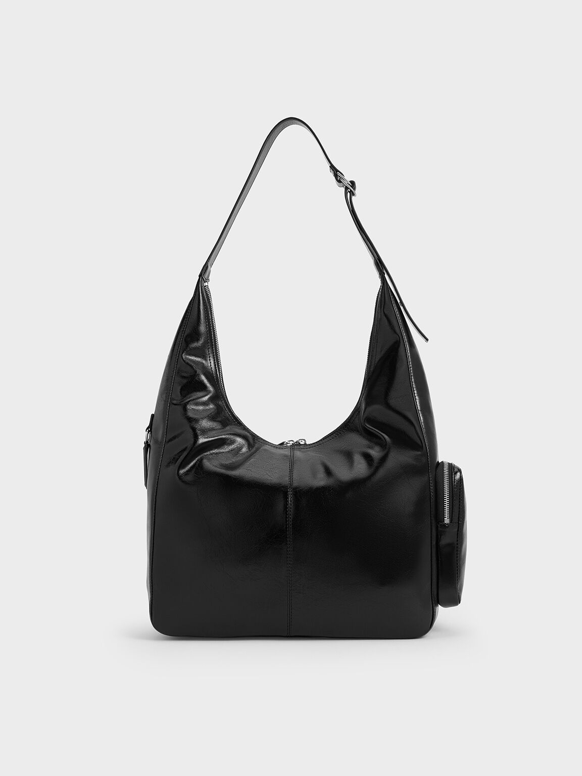 Bolso hobo Thora con múltiples bolsillos efecto arrugado, Noir, hi-res